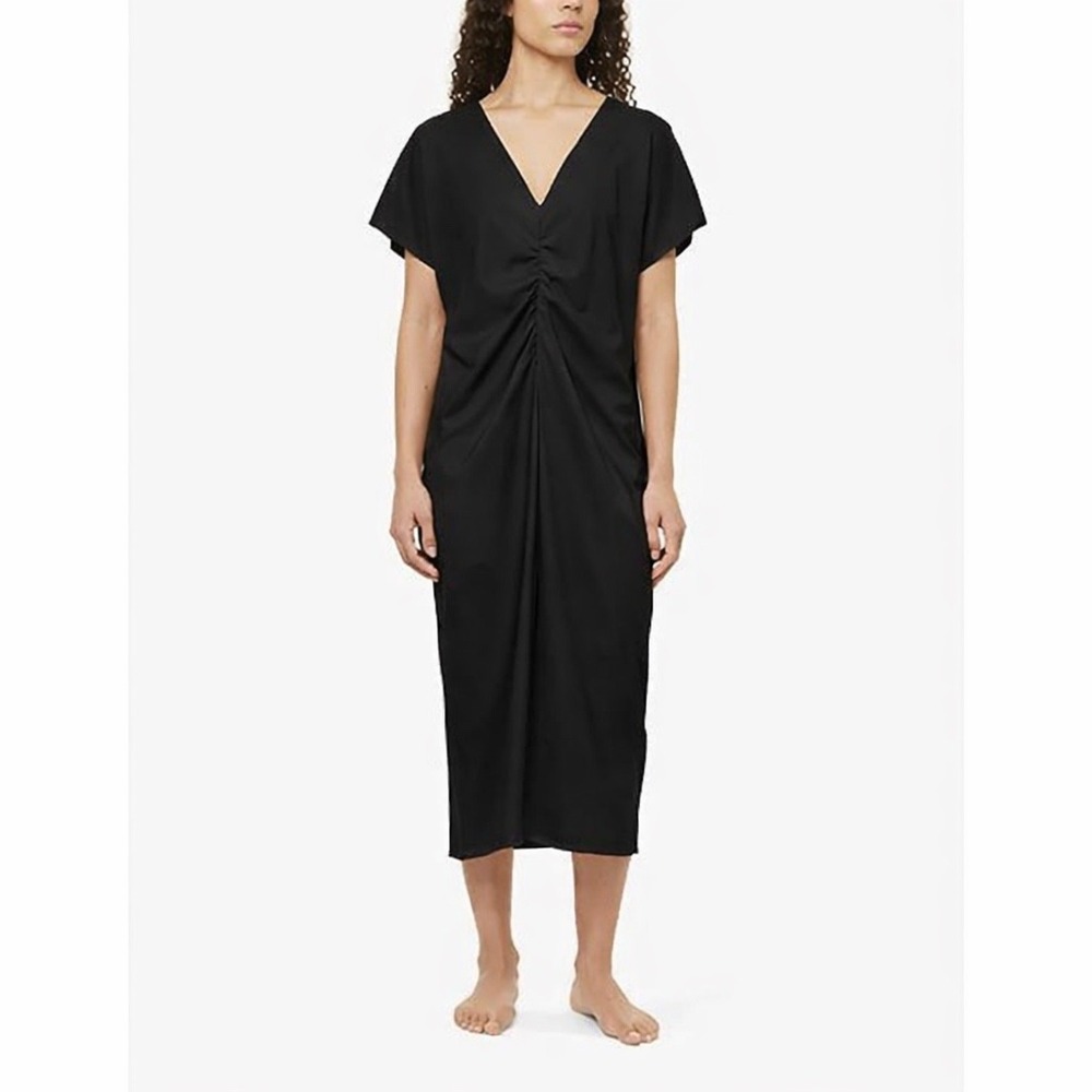 Skin Organic‎ Dress Pima Cotton Ruched V-Neck Midi Loungewear Black 3 L XL Comfy